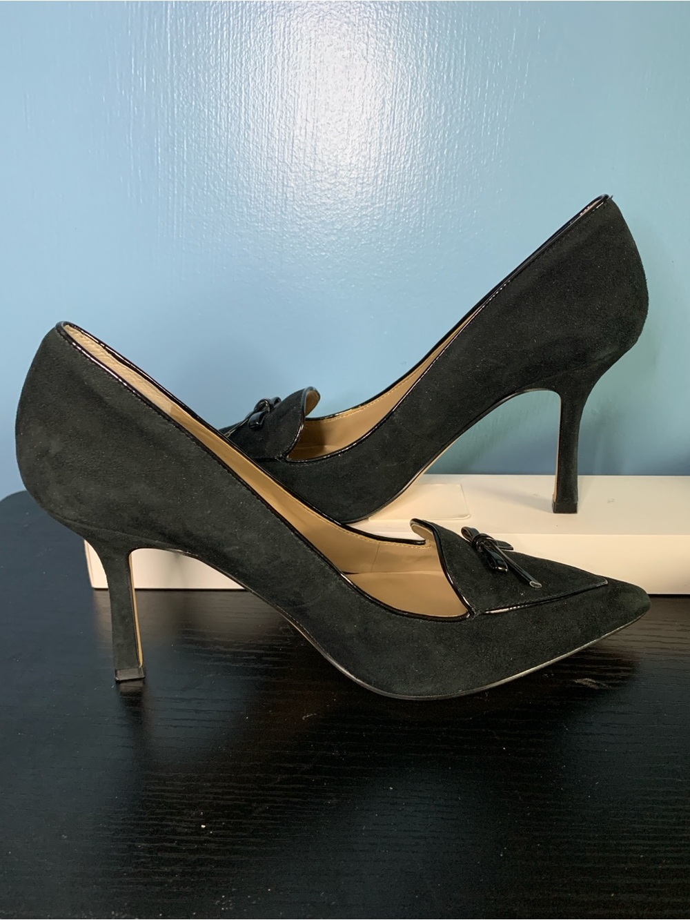 Ann Taylor Black Suede Pointed Loafers with Bow Accent
